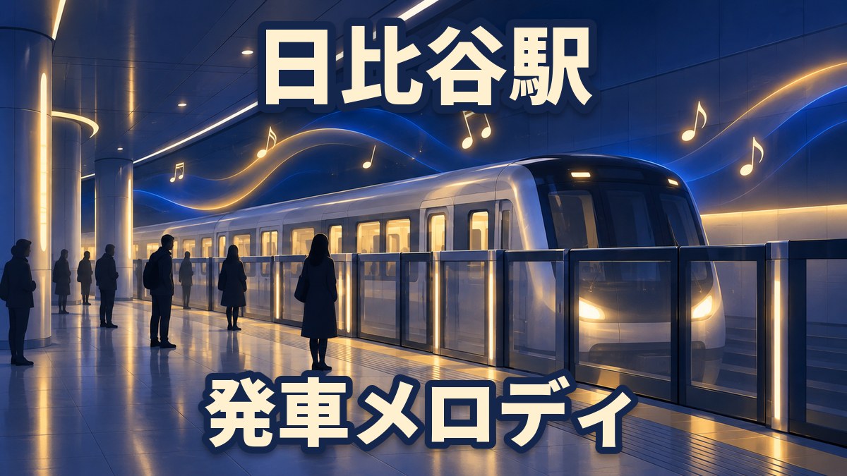夜の地下鉄のホームに電車が停まり、ホームを待つ人々のシルエットと、宙に浮かぶ光る音符を描いたイラスト